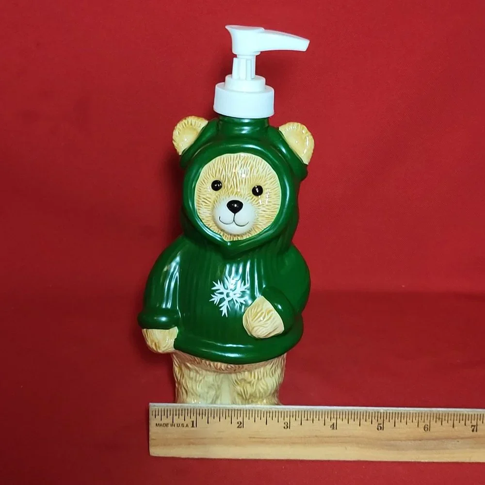Ceramic Soap Dispenser Bear Wearing Snowflake Green Hoodie 9